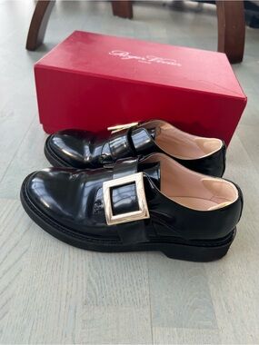 Roger Vivier Black Patent Loafers with Gold Square Buckle